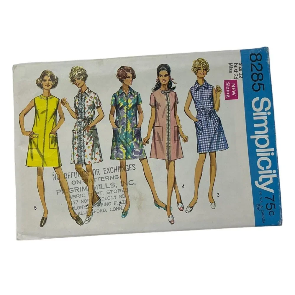 1969 SIMPLICITY #8285 - LADIES ( 5 STYLE ) RETRO HOUSE DRESS PATTERN Sz 12 Cut
